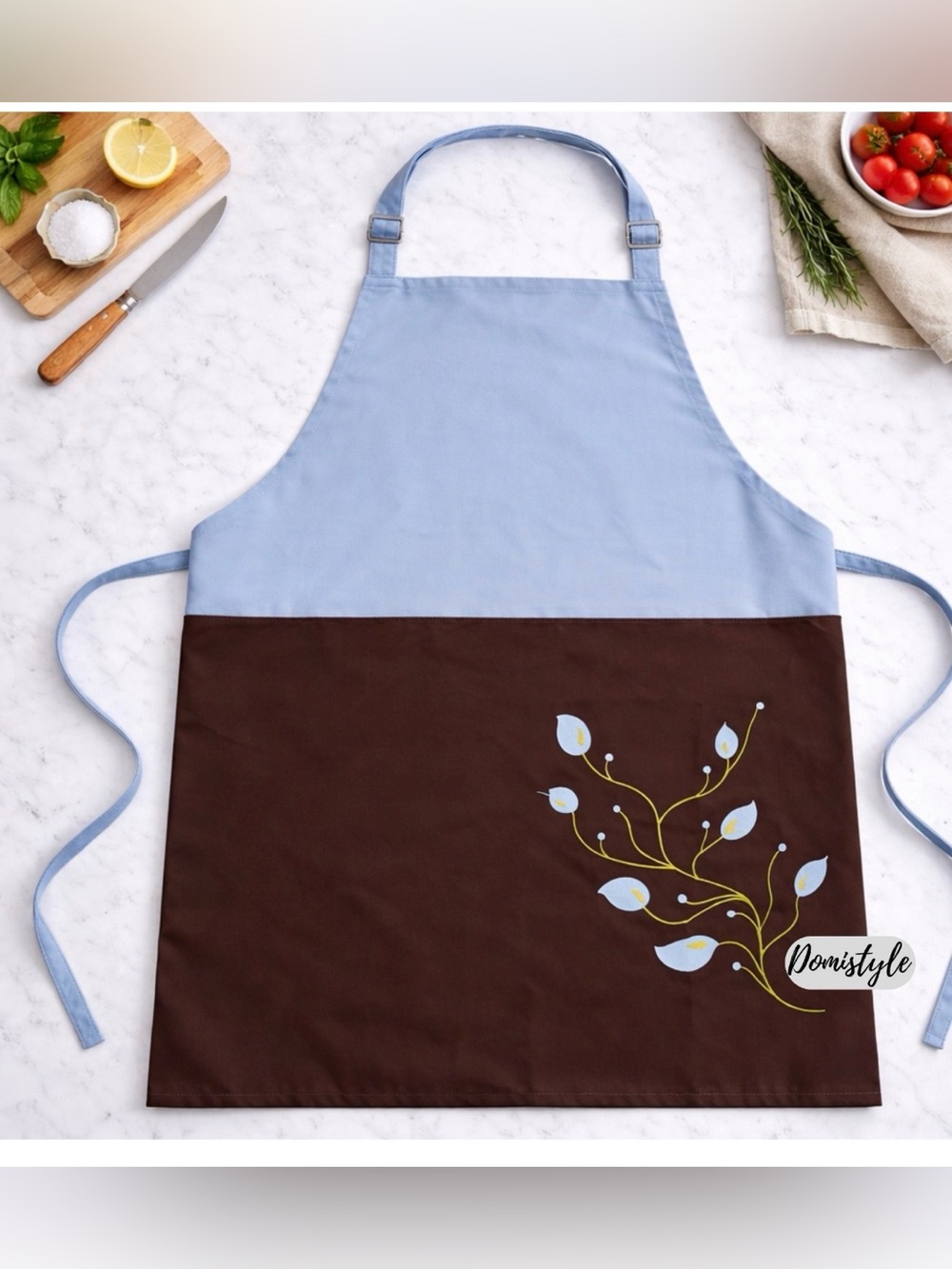 Light Blue and Brown Floral Kitchen Apron -